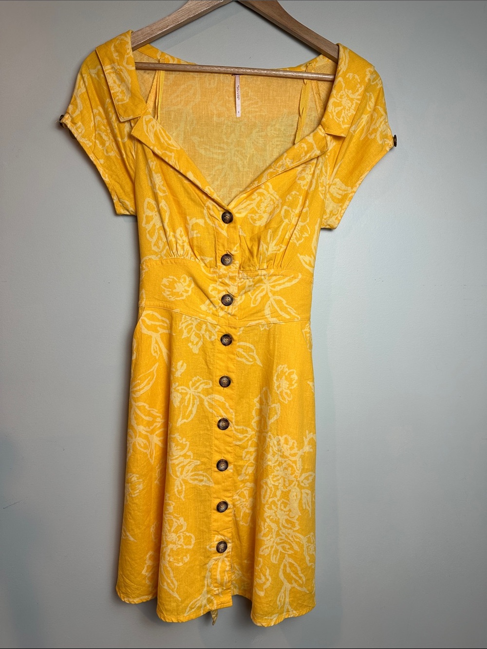 Free People linen Yellow Floral Button-Down Mini Dress vacation resort summer